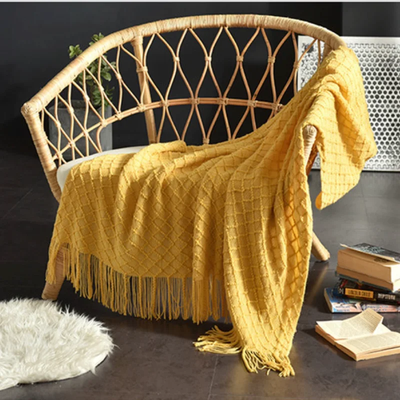 Boho Throw Blanket Fringe - ผ้าห่มถักลายทอสีเหลืองมัสตาร์ด ลายเพชรสไตล์โบโฮ ผ้าคลุมโซฟาพร้อมพู่ ผ้าปูเตียงถักลายเคเบิลหนา อบอุ่น นุ่มสบาย