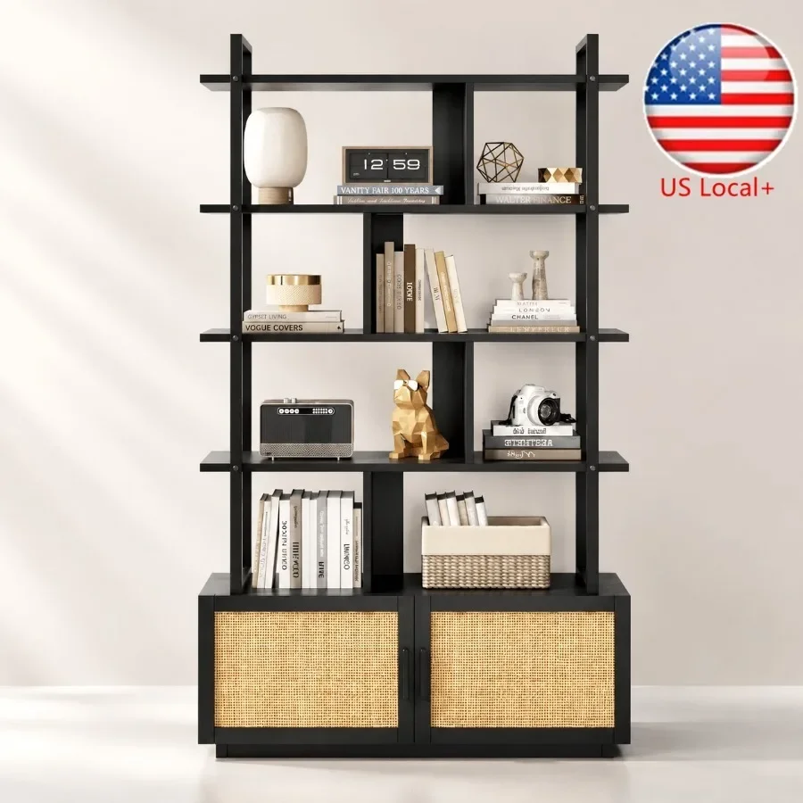 Storage & Organization - ชั้นวางหนังสือหวาย 5 ชั้น พร้อมตู้เก็บของแบบมีประตู สูง 71.1