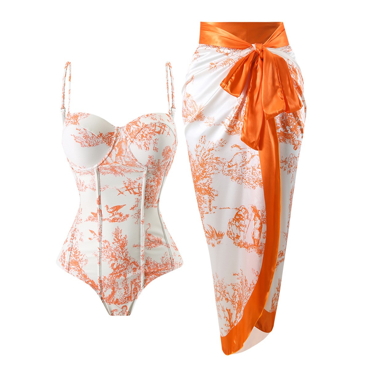 Bath - ชุดว่ายน้ำผู้หญิงแบบ Tankini สไตล์เรโทร แขนกุด ลายพิมพ์ Toile