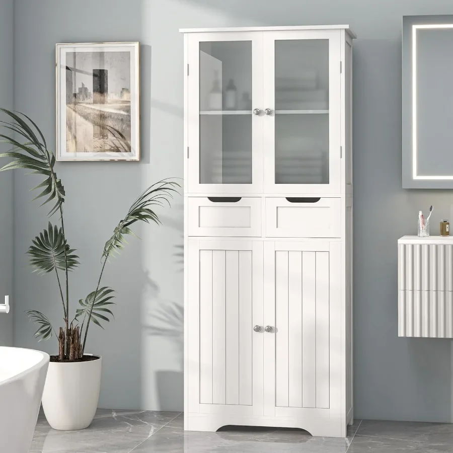 Storage & Organization - ตู้เก็บของในห้องน้ำสูง 67 นิ้ว ตู้สีขาวแบบตั้งพื้น พร้อมบานประตูและชั้นวางกระจก ตู้ขนาดใหญ่พร้อมลิ้นชัก