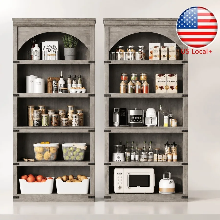 Storage & Organization - 68.7 ตู้หนังสือทรงโค้งสไตล์ฟาร์มเฮาส์สูง 5 ชั้น ตู้หนังสือไม้สไตล์วินเทจ ตู้เก็บของทรงโค้งสไตล์รัสติกสำหรับห้องนั่งเล่น
